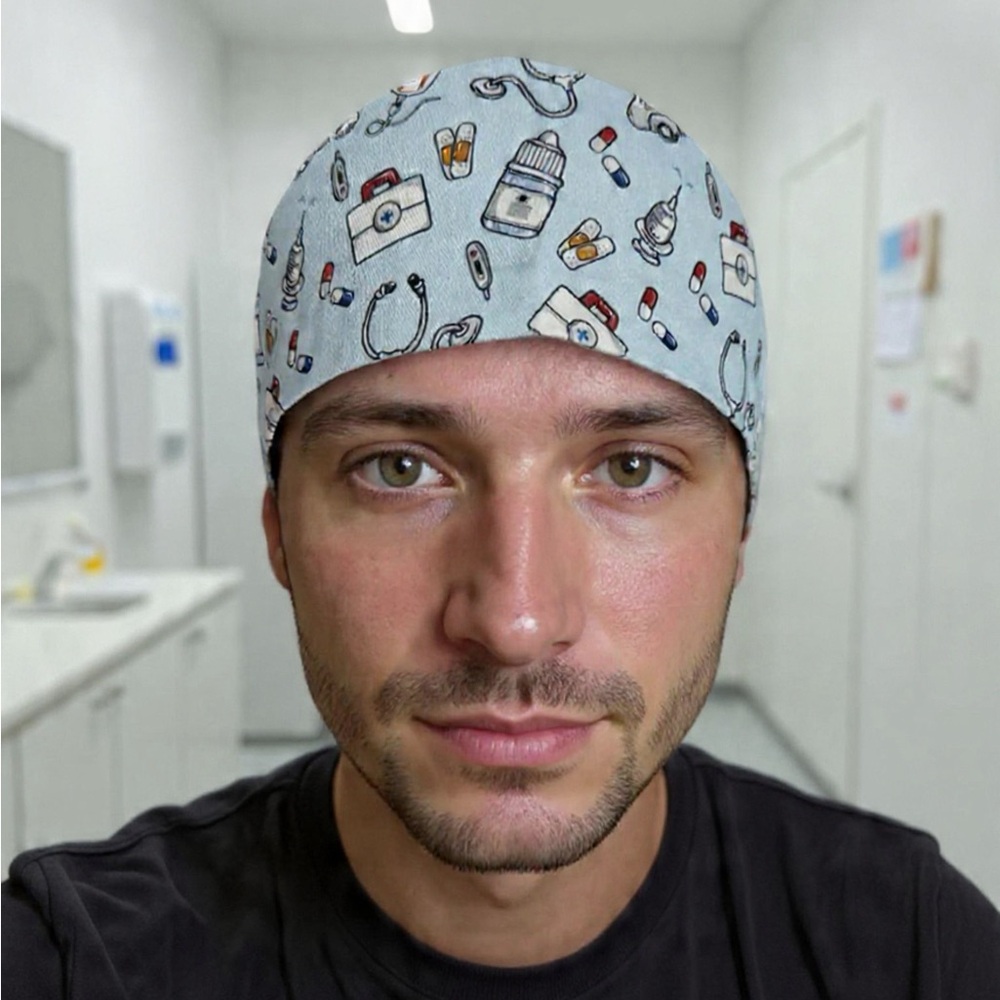 Medical Print Surgical Cap in Light Blue